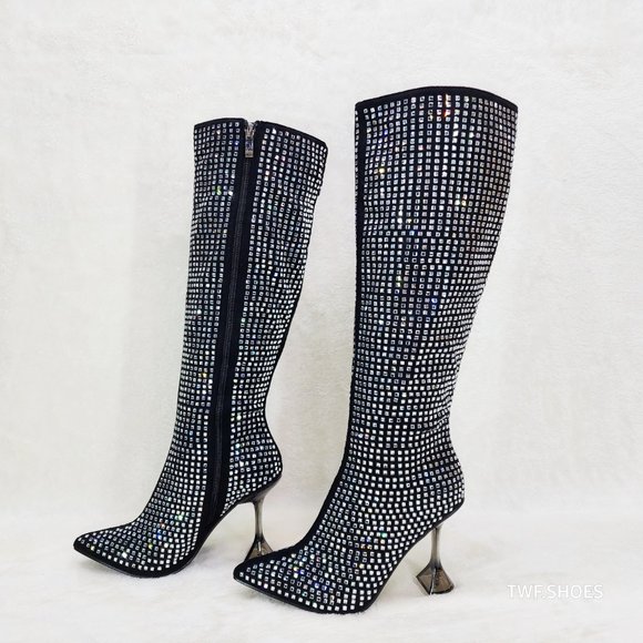 Glamour Shot Mirror Rhinestone Tinted 4" Pyramid Heel Knee High Boots Black - Picture 8 of 10